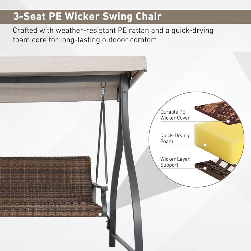 Aoodor 3-Seat Outdoor Rattan Patio Swing with Adjustable Canopy - Stylish Comfort for Your Porch, Garden, and Yard