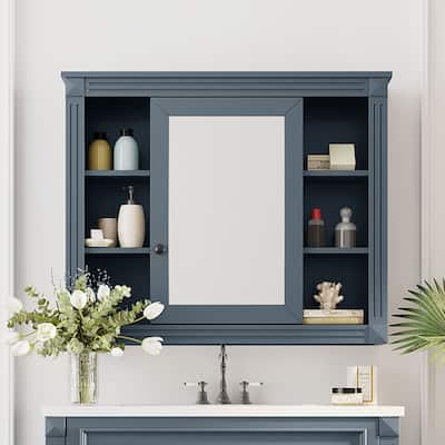 35'' x 28'' Modern 6 Open Shelves Wall Mounted Bathroom Storage Cabinet with Mirror, Blue