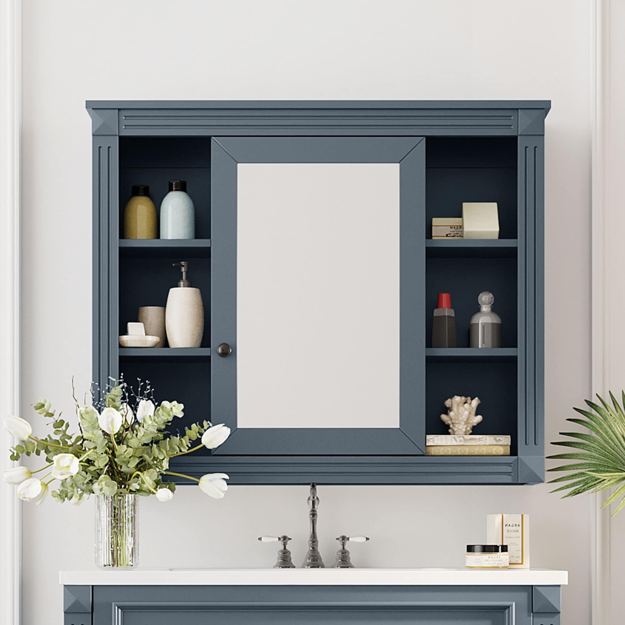 GDFStudio - Barrister Modern Wall-Mounted Bathroom Storage Cabinet with Mirror and Open Shelves (No Bathroom Vanity) - 35"W
