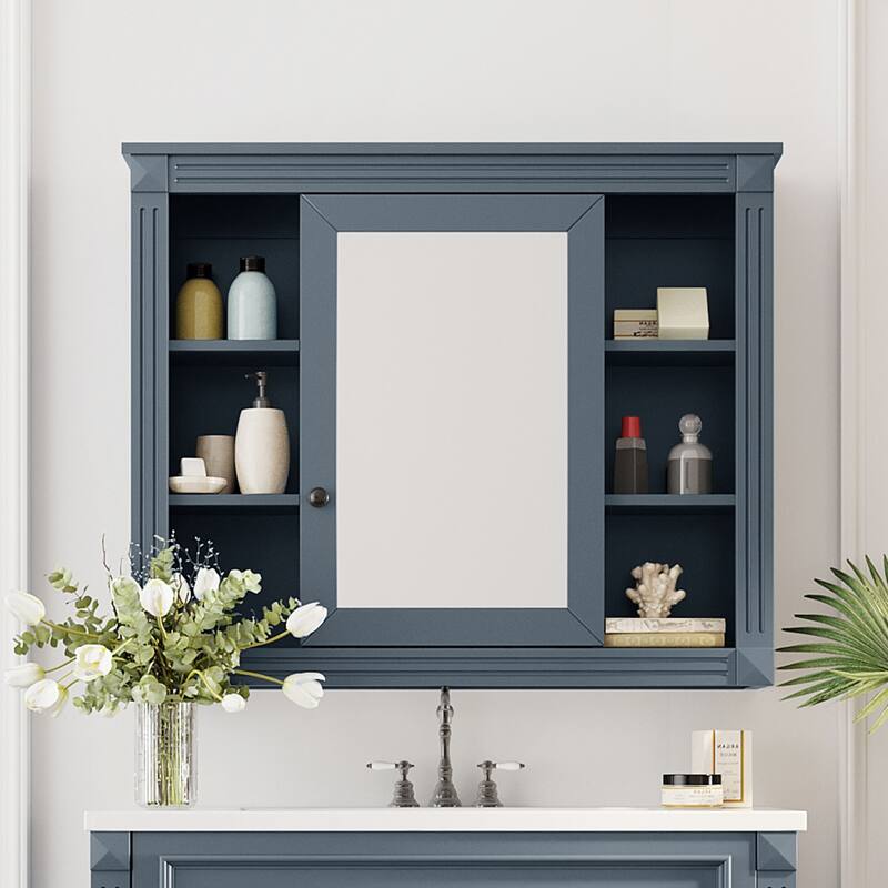 GDFStudio - Barrister Modern Wall-Mounted Bathroom Storage Cabinet with Mirror and Open Shelves (No Bathroom Vanity) - 35"W - Blue