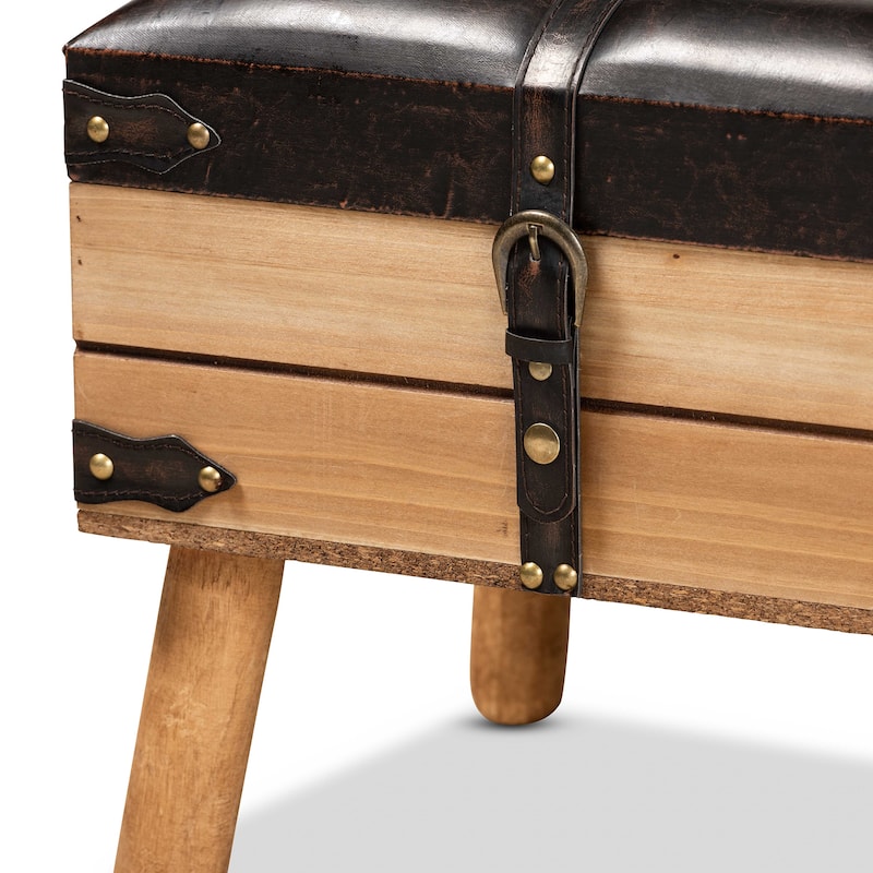 Amena Dark Brown PU Leather and Oak Wood Small Storage Ottoman