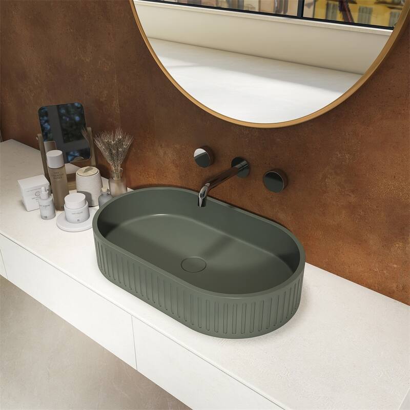 23.6'' Concrete Vessel Oval Modern Dark Green Bathroom Sink