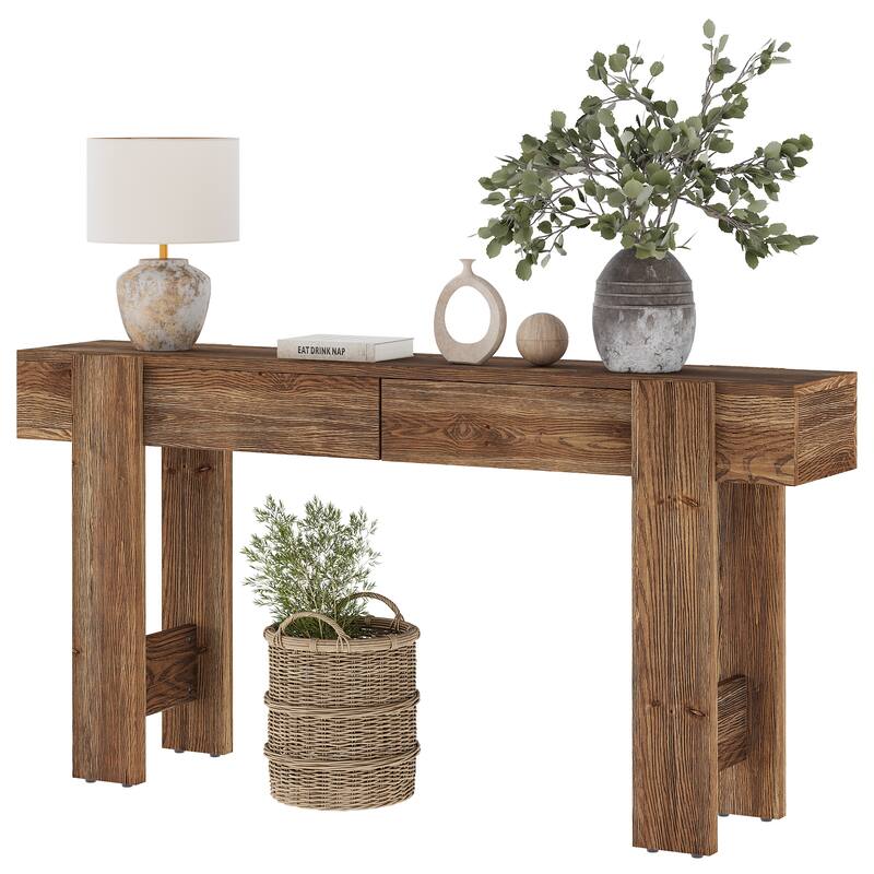63" Long Solid Wood Console Table, Entryway Table with 2 Drawers, Sofa Table for Entrance, Hallway, Living Room