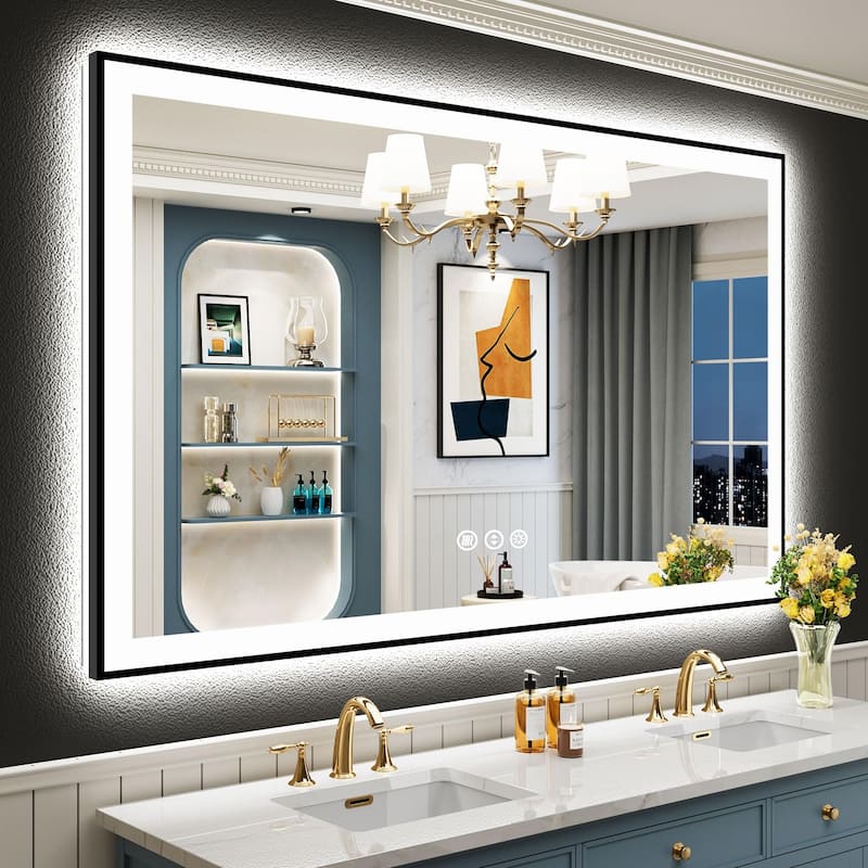 Full Size Back & Front LED Lighted Anti-Fog Tempered Glass Framed Wall Bathroom Vanity Mirror - 60" x 40"