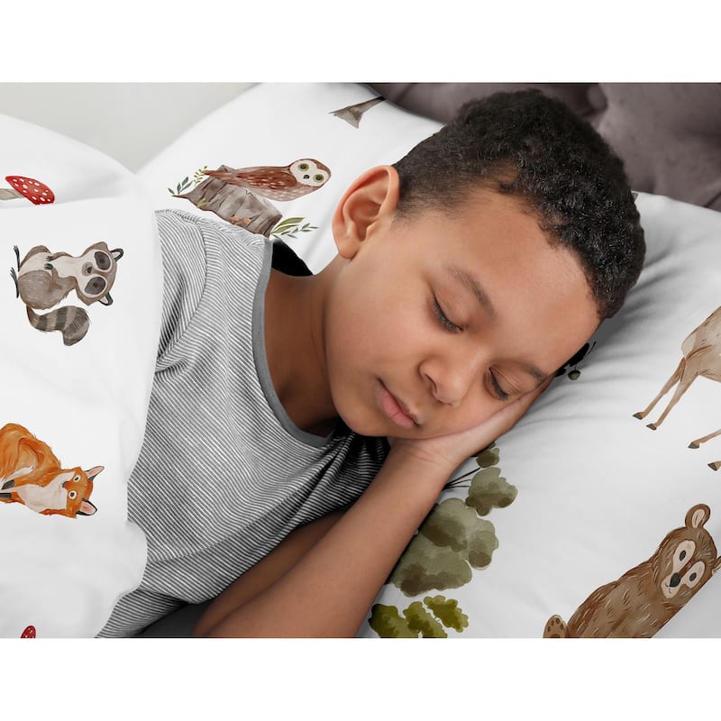 Sweet Jojo Designs Woodland Forest Animals Boy Girl Gender Neutral Unisex 2p Twin-size Comforter Set Brown Bear Fox Deer Friends