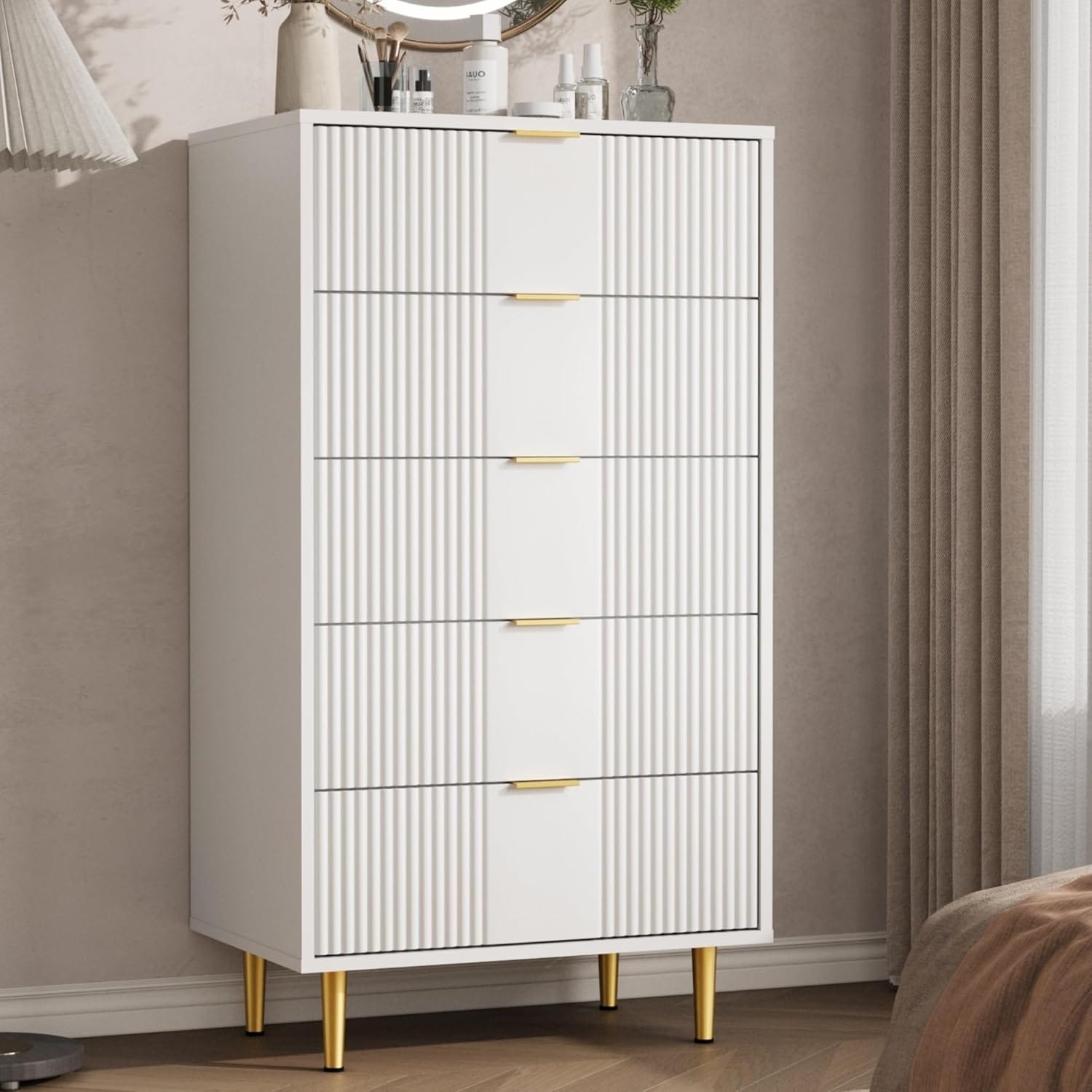Fluted Dresser for Bedroom, Modern Chest of Drawers with Metal Handle, Wooden Closet Clothes Storage Organizer
