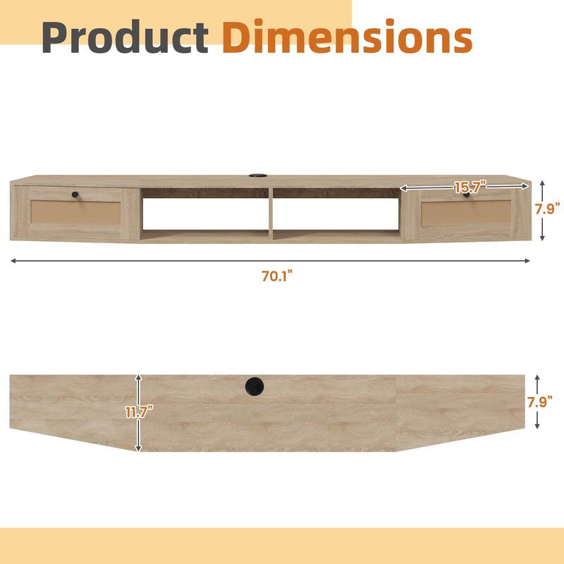 EROMMY Wall-Mounted TV Cabinet with Rattan Doors & Shelves - Floating Entertainment Center with Cable Management