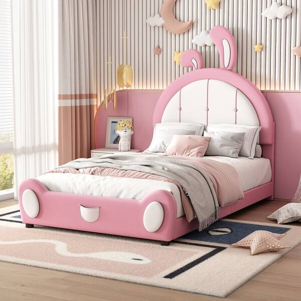 slide 2 of 4, Twin Size Cute Design Upholstered Platform Bed with Rabbit Shaped Headboard and Sturdy Frame Pink