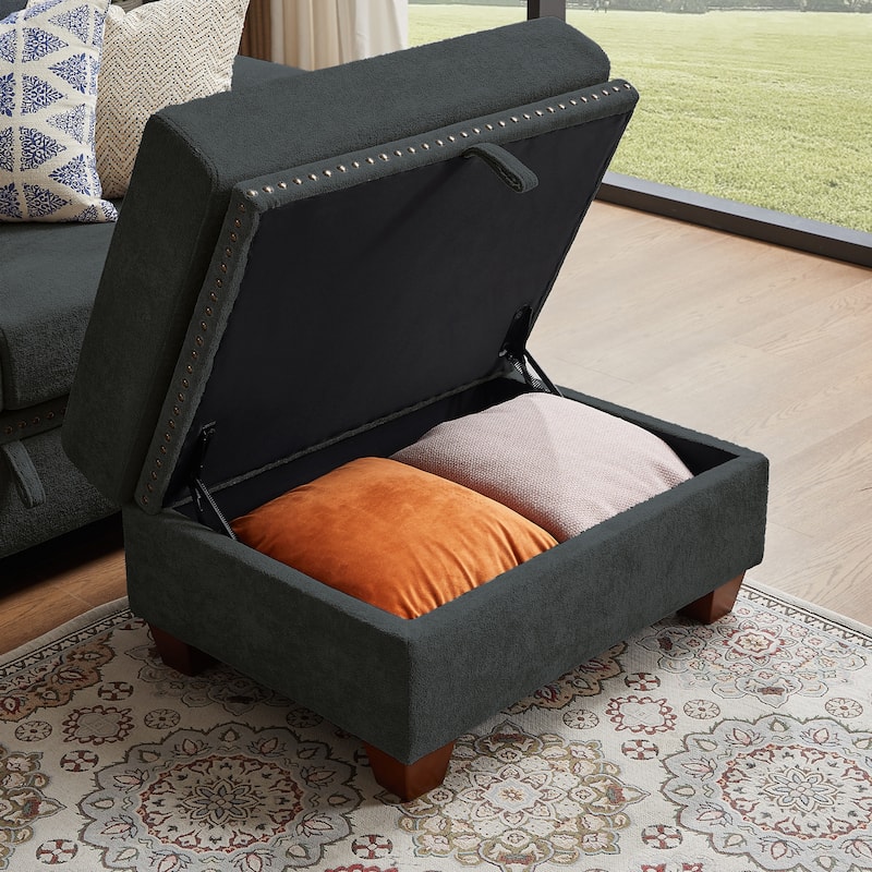 109" Modern 4 Seaters Towelling Sectional Sofa with Hidden Coffee Table Adjustable Headrest and Large Storage Space