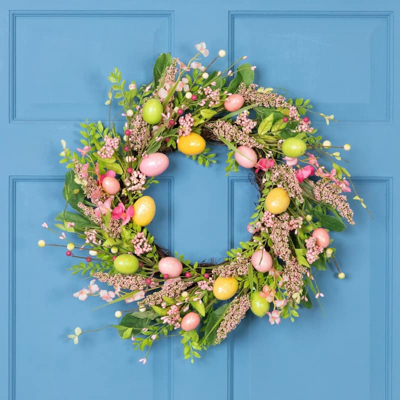 Glittered Eggs, Hibiscus and Berries Artificial Easter Twig Wreath - 20" - Pink and Green