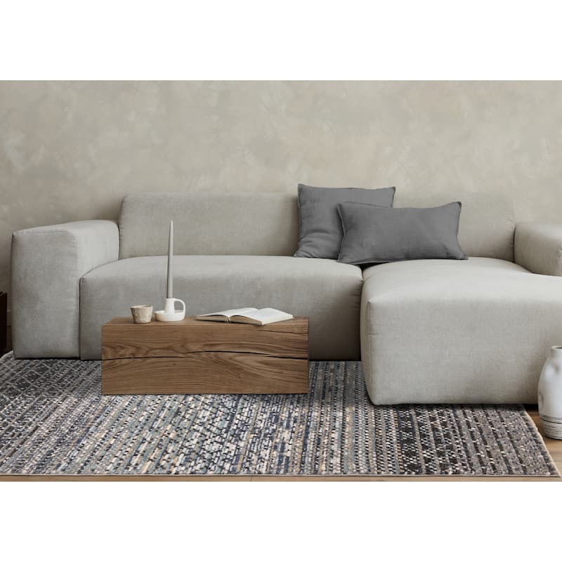 Blue Beige Grey Ribbed Textured Area Rug, 5'3" x 7'7"