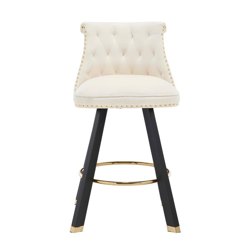 Versatile Velvet Tufted Bar Chairs Set of 2 Swivel Bar Stools with Back Pull Ring, Rivet Decoration and Wooden Square Foot
