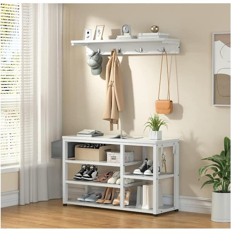 Industrial Hall Tree, 4-in-1 Entryway Coat Rack and Shoe Bench Rack Set with 5 Shoe Storage Cabinets