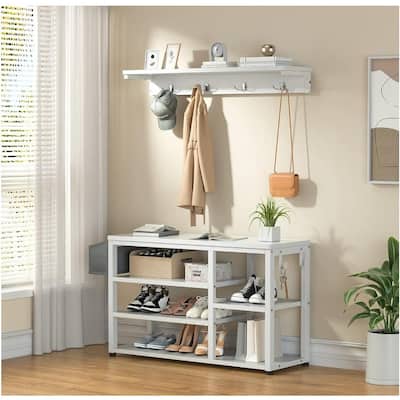 Industrial Hall Tree, 4-in-1 Entryway Coat Rack and Shoe Bench Rack Set with 5 Shoe Storage Cabinets