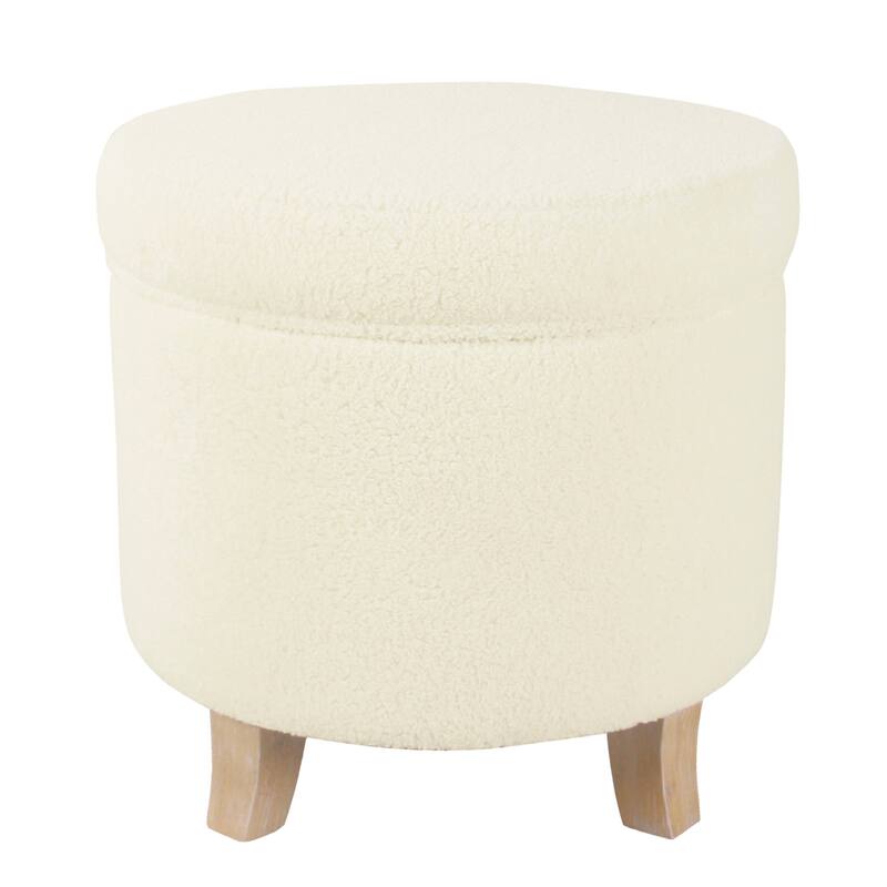 Loni 19 Inch Round Storage Ottoman in Soft Beige Faux Sheepskin with Wood Legs