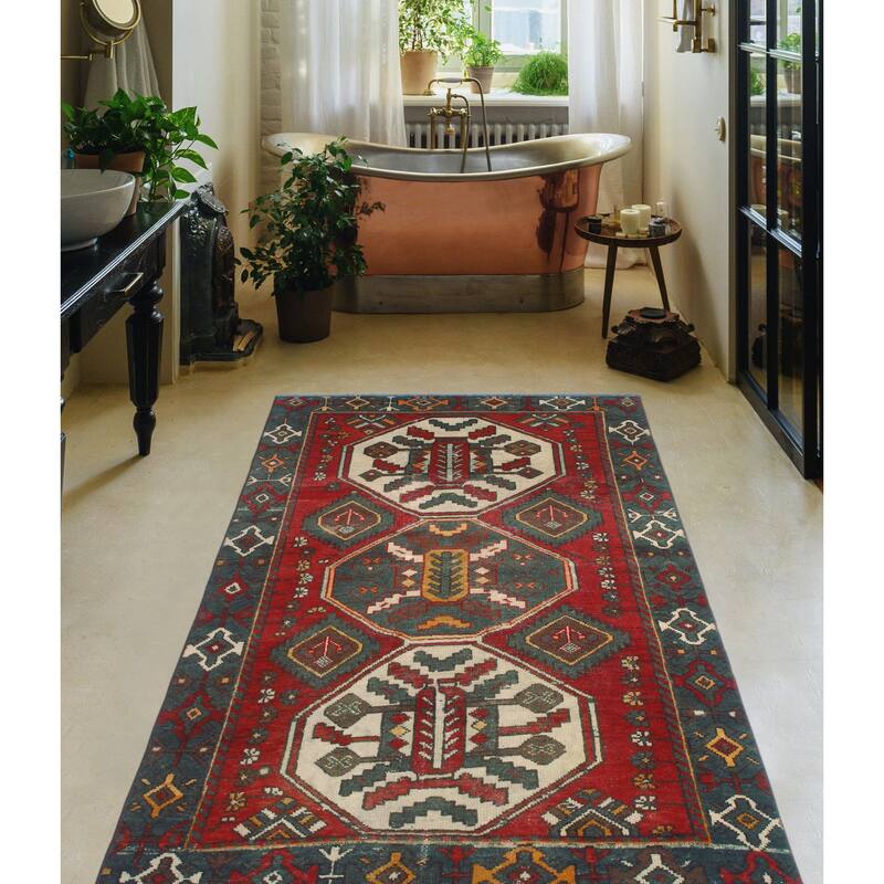 Vintage Distressed Princeto Red/Green Rug - 3'11" x 6'1"