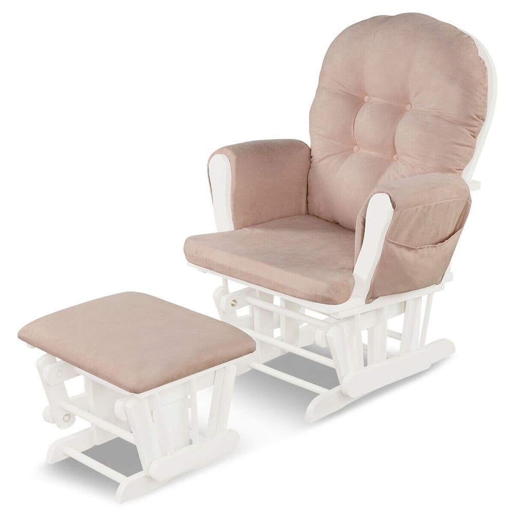 Gymax Glider and Ottoman Cushion Set Wood Baby Nursery Rocking Chair