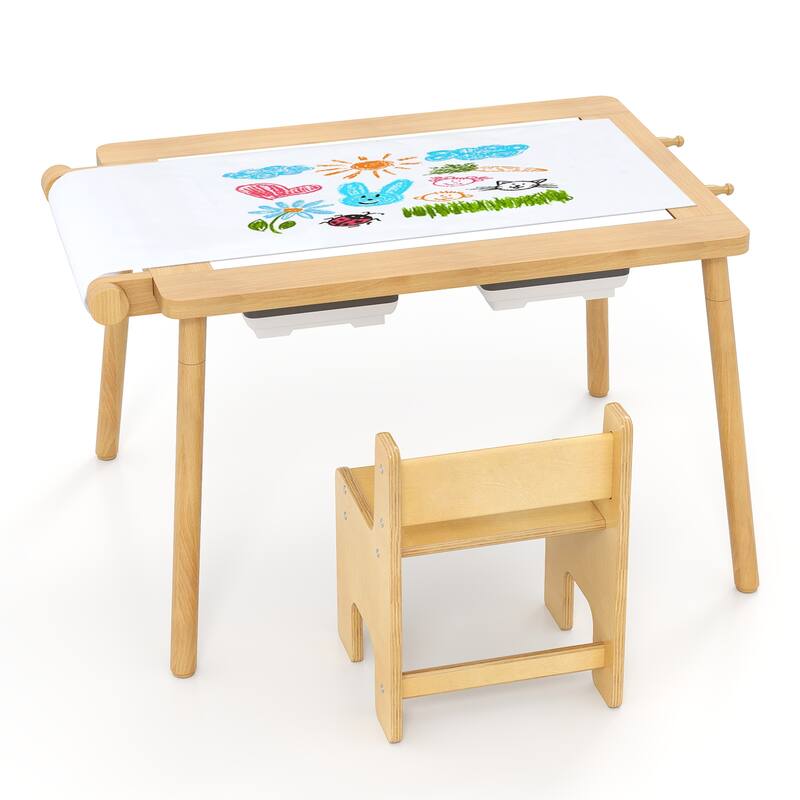 Kids Activity Table and Chair Set with Storage Paper Roll and Chalkboard Blocks Board for Age 2-8 Years - 35.5" x 21.5" x 17"