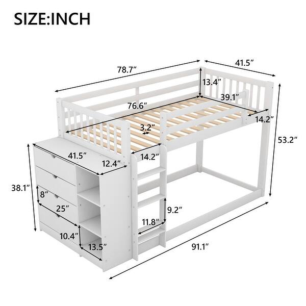Modern Style Solid Construction Twin over Twin Bunk Bed with Attached Cabinet and Shelves Storage.