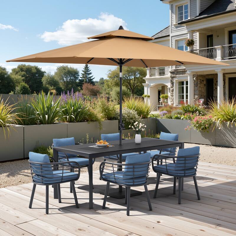 9/11-Piece Outdoor Patio Dining Set w/10 ft Umbrella and Base Aluminum Dining Table and Dining Chairs with Sunbrella Cushions - Set of 9 - Black Table with Tan Umbrella