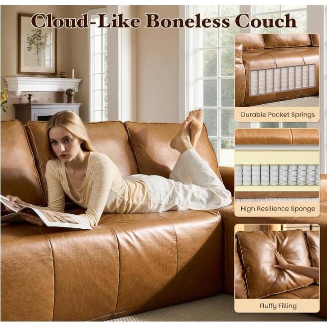 Brown Faux Leather L-Shaped Sectional Sofa with Chaise, Deep Seat Cloud Couch - No Assembly Required
