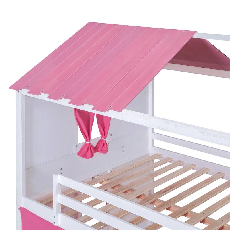 Full Size Wooden Bunk Bed with Elegant Windows and Tent Design in Pink and White