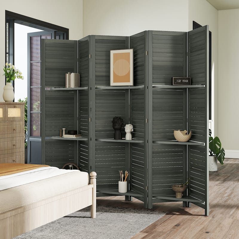 HOMCOM Room Divider, 6 Panel 67" Tall Wood Privacy Screen with 3 Display Shelves, and Folding Storage for Bedroom, Gray
