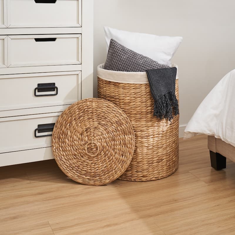 Ludmilla Round Tall Water Hyacinth Woven Wicker Laundry Hamper with Lid