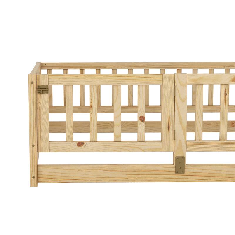 Montessori Floor Bed with Fence Guardrail and Removable Door Toddler Floor Wood Bed Frame for Kids Boys Girls Children's Room
