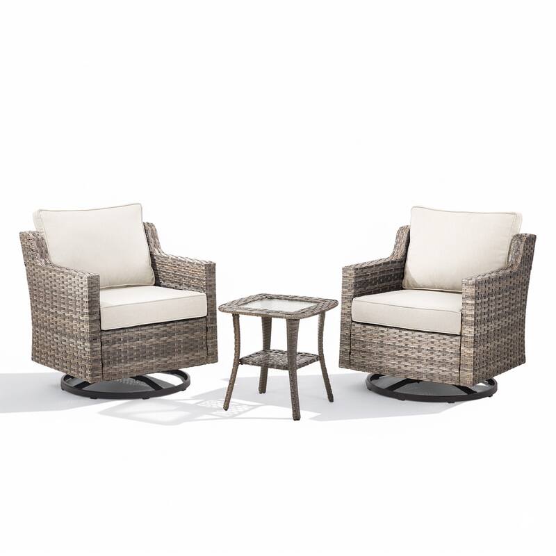 Glissia 3-Piece Gray Wicker Outdoor Swivel Glider Chair Set with 4-Inch Thick Cushions and Side Table