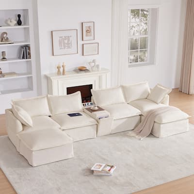Modern Skirted Modular Sectional Sofa with USB Console and Hidden Storage and Ottomans for Living Room or Guest Room