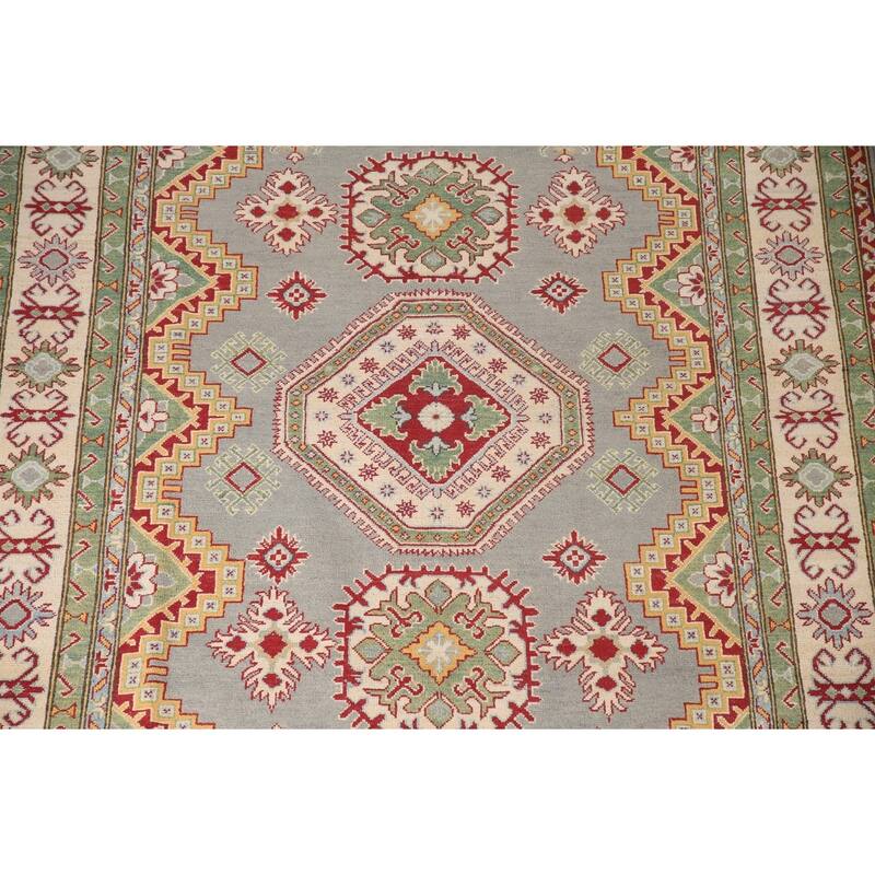 Gray Geometric Kazak Area Rug Handmade Wool Carpet - 6'6" x 9'9"