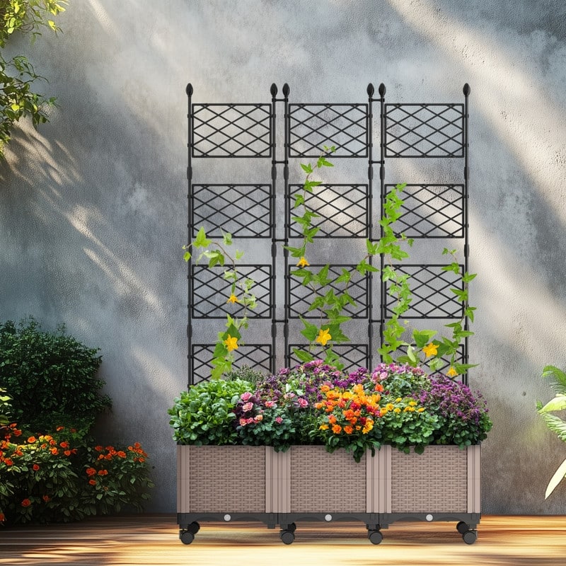 63"H Planter Box Raised Garden Bed With Trellis & Wheels, Vertical