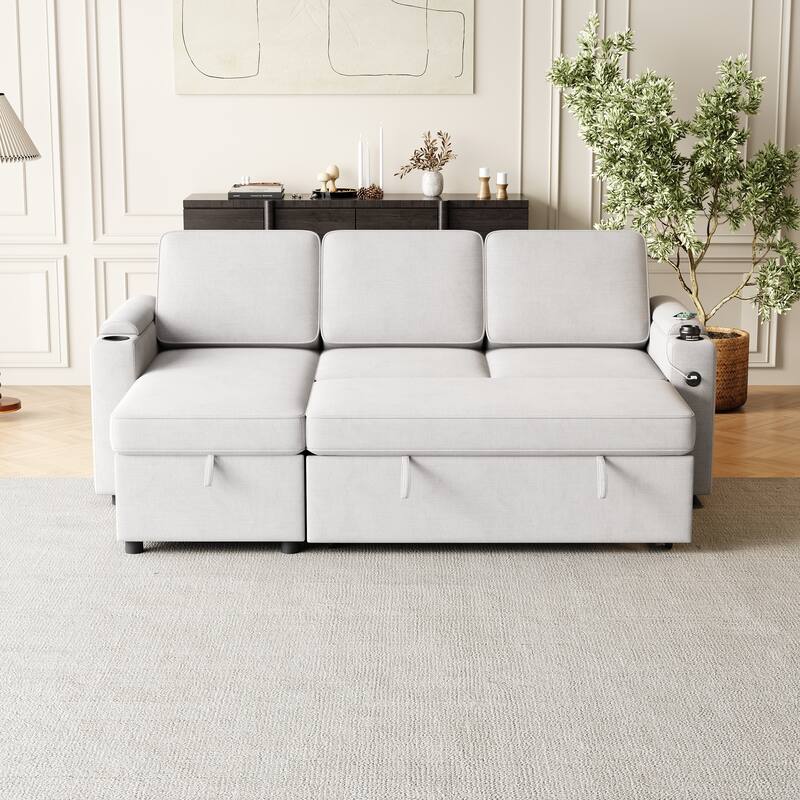 Sleeper Sofa with Storage, Cup Holder and USB Charging Port,Couch with Pull Out Bed, Daybed for Living Room Bedroom