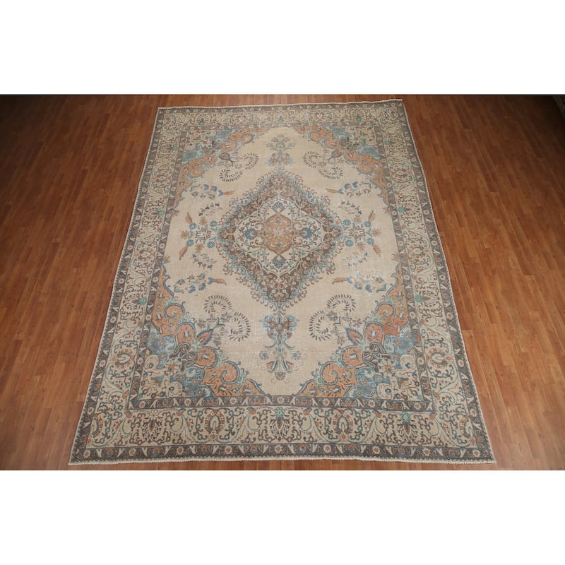 Hand Knotted Oriental 100% Wool Carpet Traditional Floral Beige & Ivories Tabriz Area Rug - 12' 11'' X 9' 6''