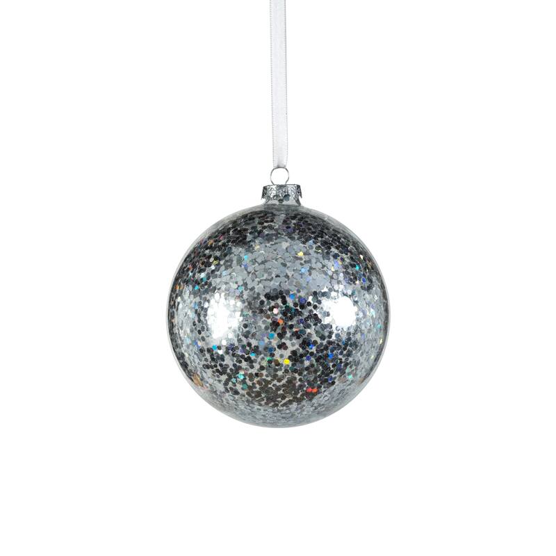 4.75" Confetti Glass Holiday Ball Ornaments, Set of 4 - Silver