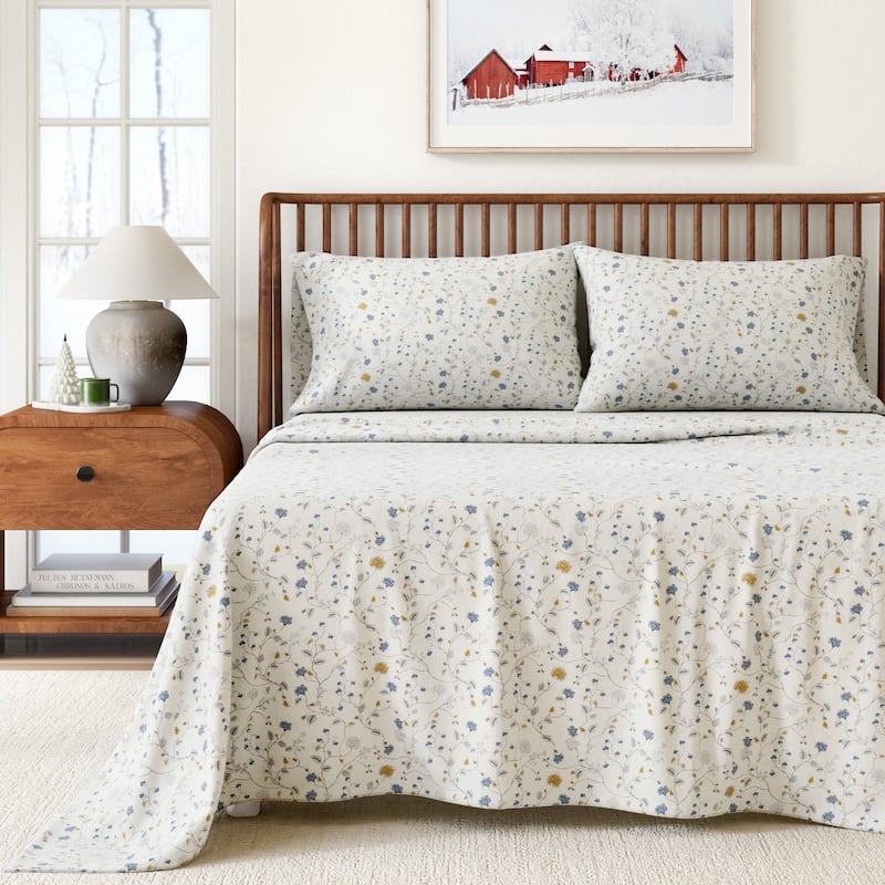 Linery & Co. Ultra-Soft Turkish Cotton Flannel Winter Floral Print Sheet Set - King - Quiet Garden