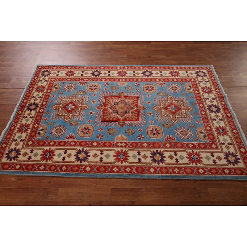 Blue Kazak Oriental Area Rug Handmade Traditional Wool Carpet - 4'0" x 6'4"