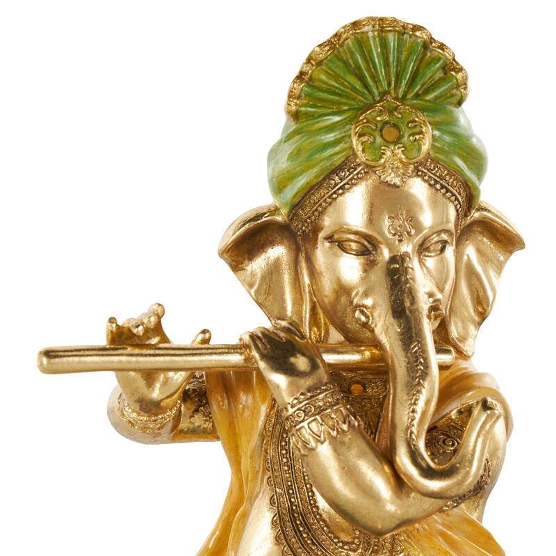 Gold Resin Musician Ganesh Decorative Sculpture with Green, Yellow, and Teal Accents