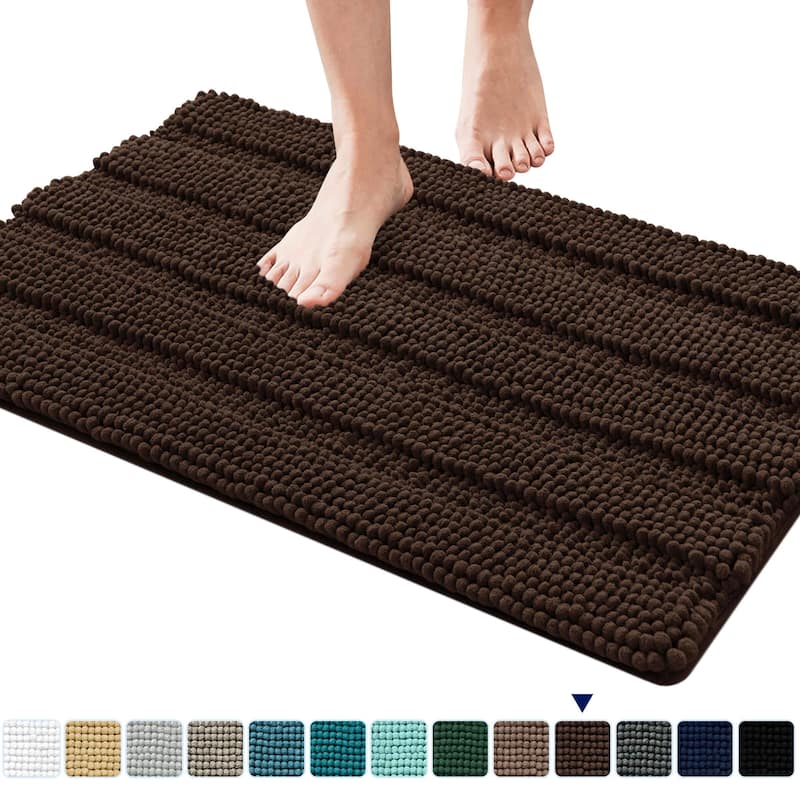 Subrtex Non-slip Bathroom Rug Chenille Soft Striped Plush Bath Mat - 16"x24"/20"x32" - Chocolate