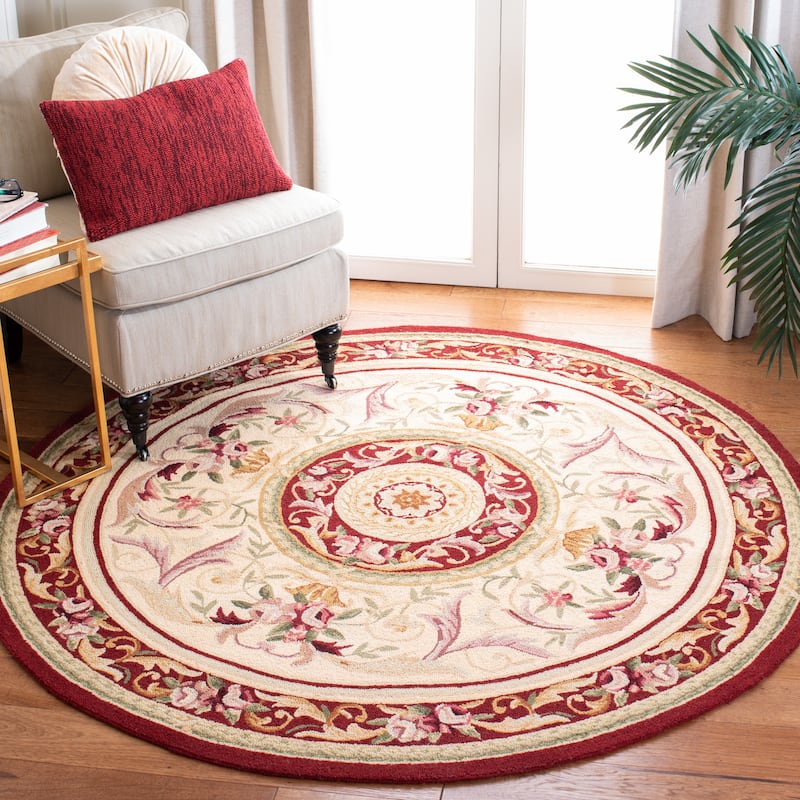 SAFAVIEH Handmade Chelsea Sangita French Country Wool Rug - 3' Round - Ivory/Burgundy