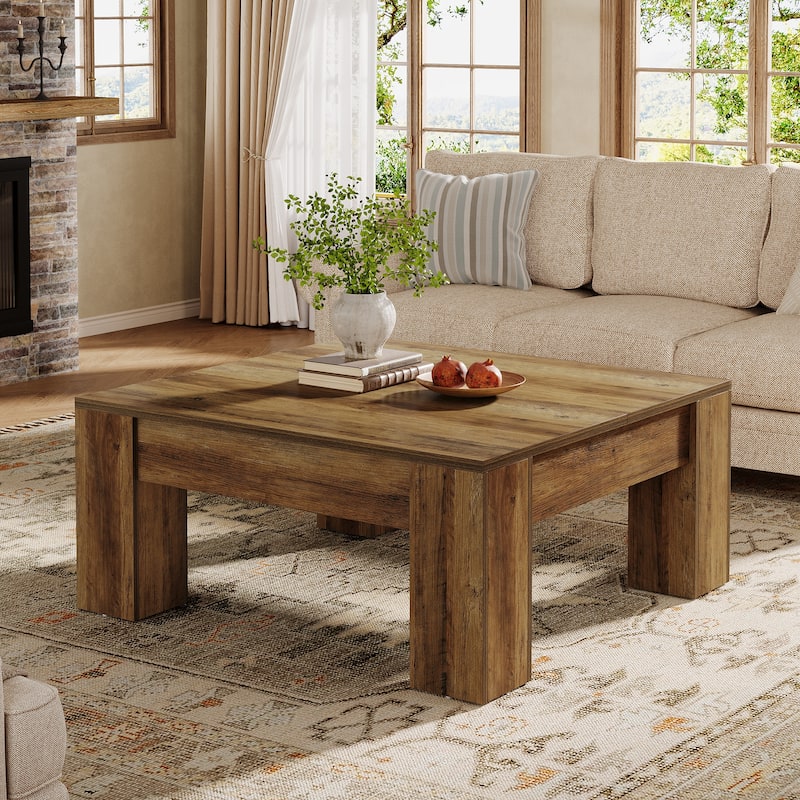 39-Inch Wood Farmhouse Square Coffee Table with Sturdy Legs - Brown