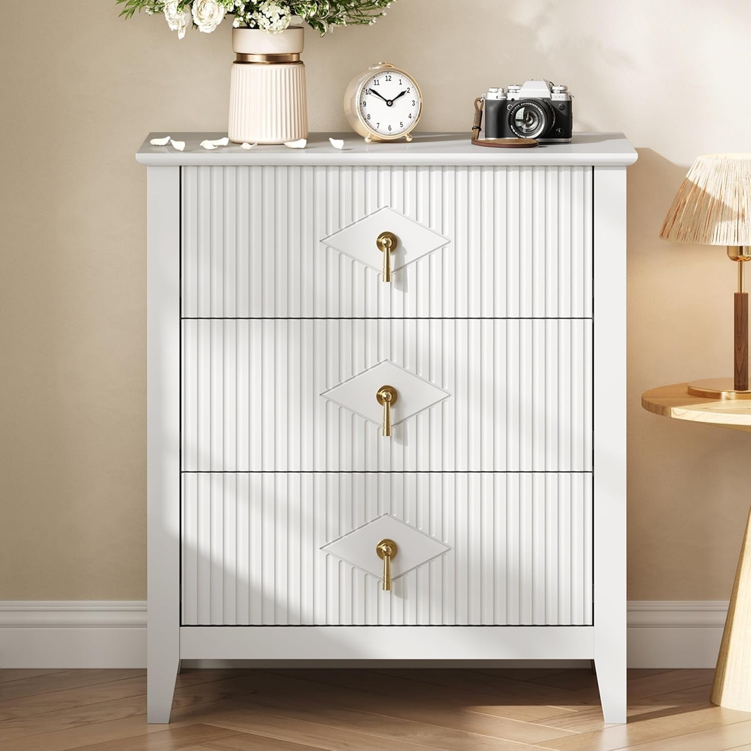 Wood Nightstand Fluted Dresser, Drawer Bedside Tables Modern Chest Storage End Table Living Room Hallway Entryway