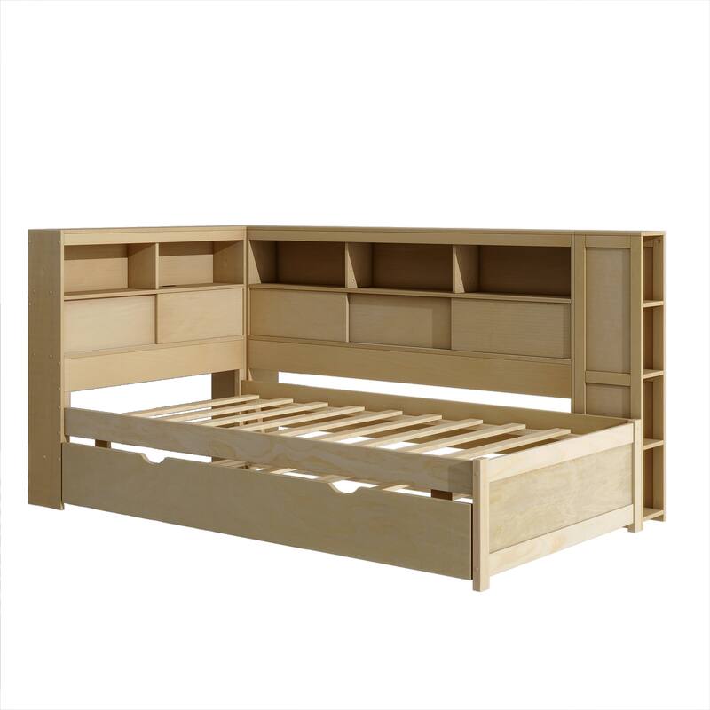 Wooden Twin Daybed with Built-In Storage Shelves, USB Port, and Trundle - Natural