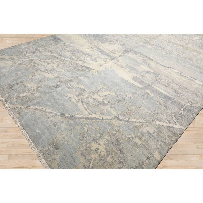 9'x11'11" Ivory Modern Tibetan Wool and Silk Hand Knotted Oriental Rug - 9' x 11' 11''