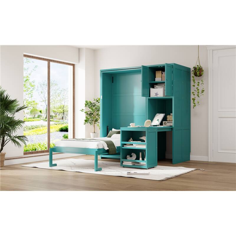 Roomfitters Twin Size Rotating Murphy Bed with Bookshelf, Tall Cabinet and Extendable Desk, Space Saving Sleeper