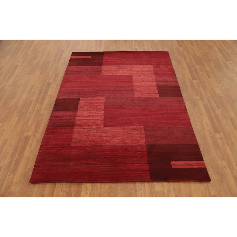 Hand Knotted Oriental 100% Wool Carpet Modern Geometric Red Gabbeh Area Rug - 7' 10'' X 5' 7''