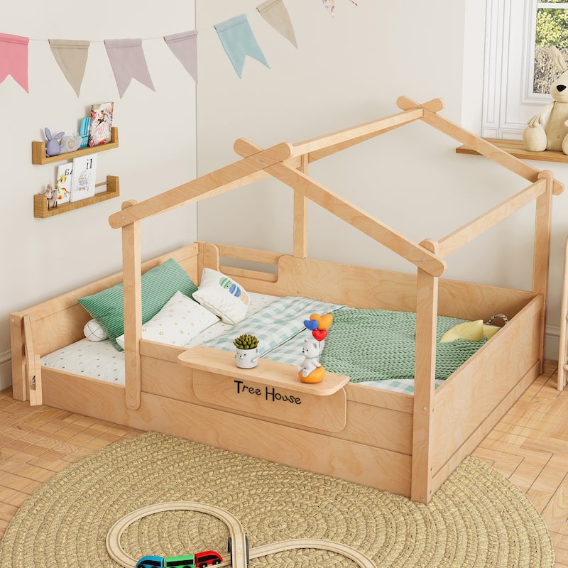 Kids House Floor Bed with Guardrails, Roof & Built-in Tray - Queen/Full/Twin Size, Childlike Design - Natural - Full