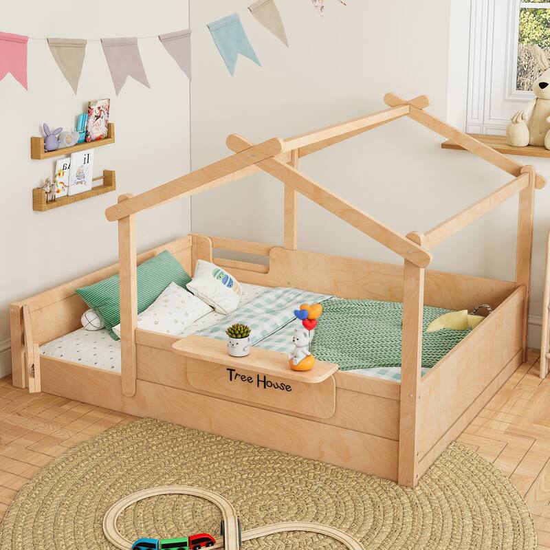 Roomfitters House Floor Bed with Guardrails and Roof, Solid Wood Frame with Tray and Signboard