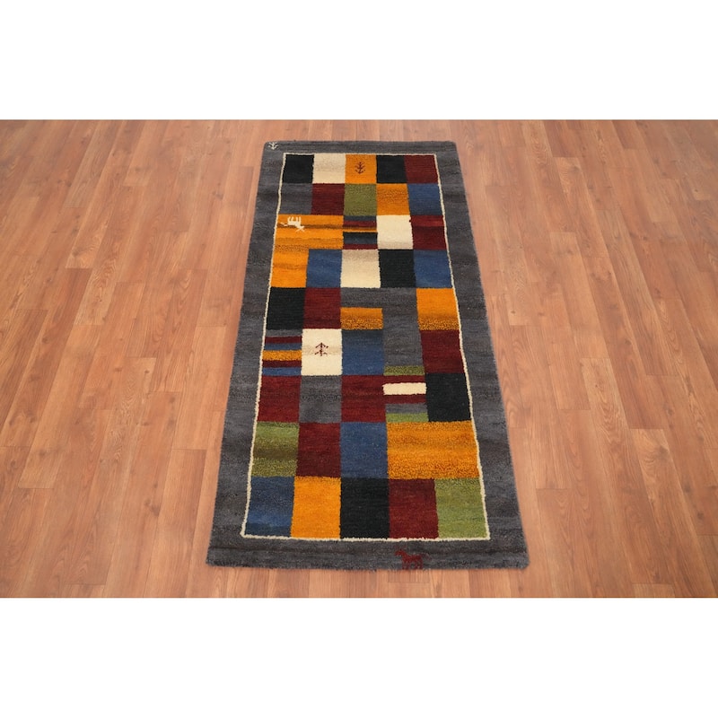 Hand Knotted Oriental 100% Wool Carpet Modern Geometric Multi-Colored Gabbeh Runner Rug - 4' 7'' X 2' 3''